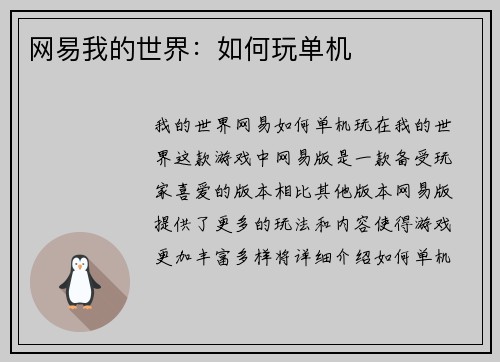 网易我的世界：如何玩单机